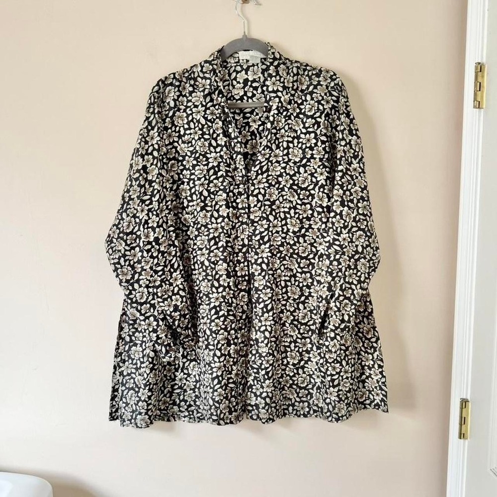Vintage Express Black Floral Silk Blouse XL beige tan pattern plus size